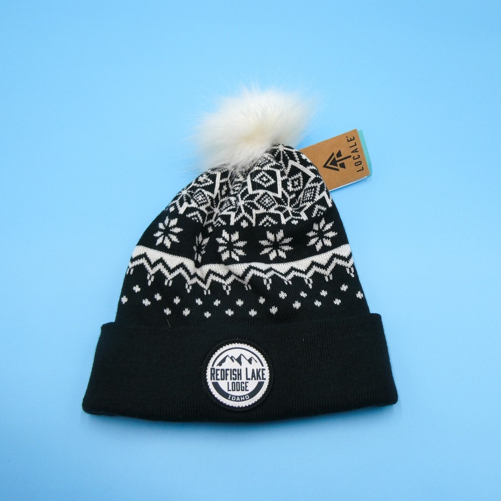 Locale Beanie Hat Unisex One Size Redfish Lake Lodge Idaho Black Faux Fur Pom